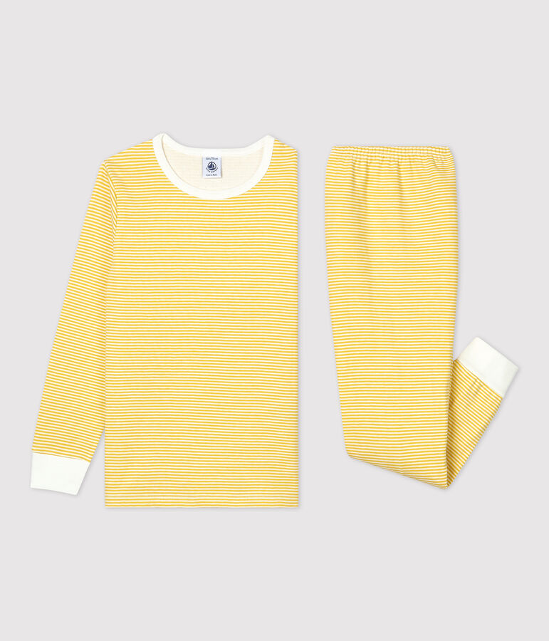 Pijama milrayas amarillo de ni&ntilde;a/ni&ntilde;o de t&uacute;bico de algod&oacute;n org&aacute;nico amarillo/blanco